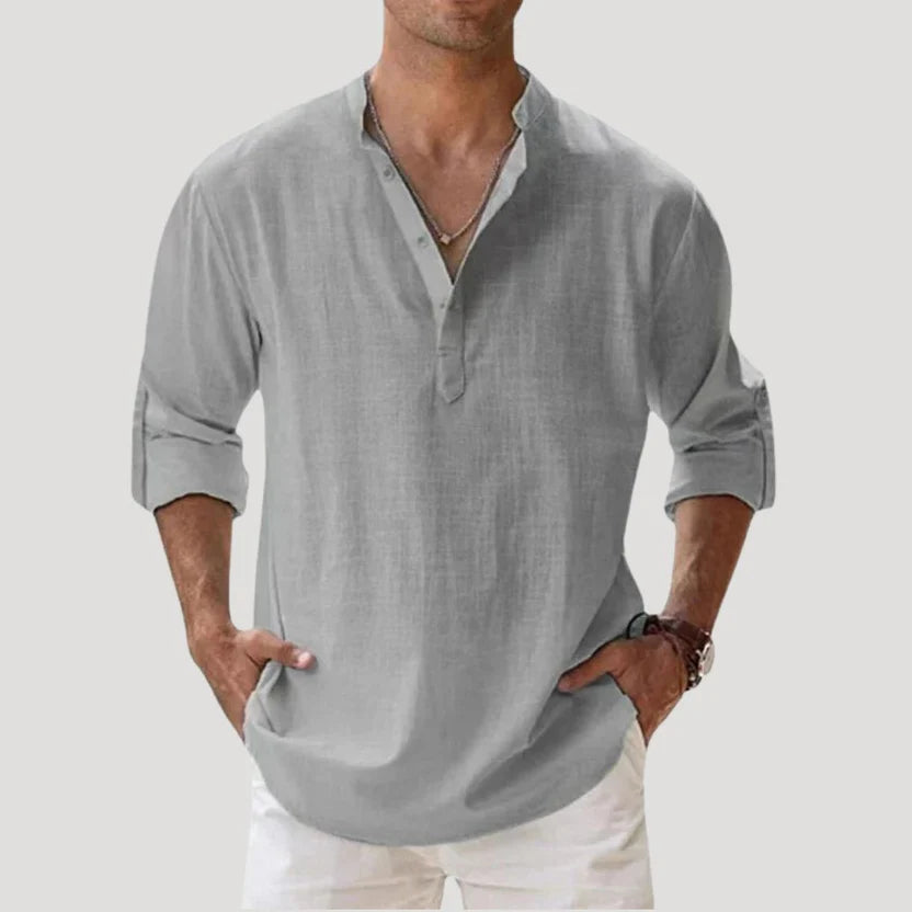 Elias | Långärmad linneskjorta med modern kinakrage